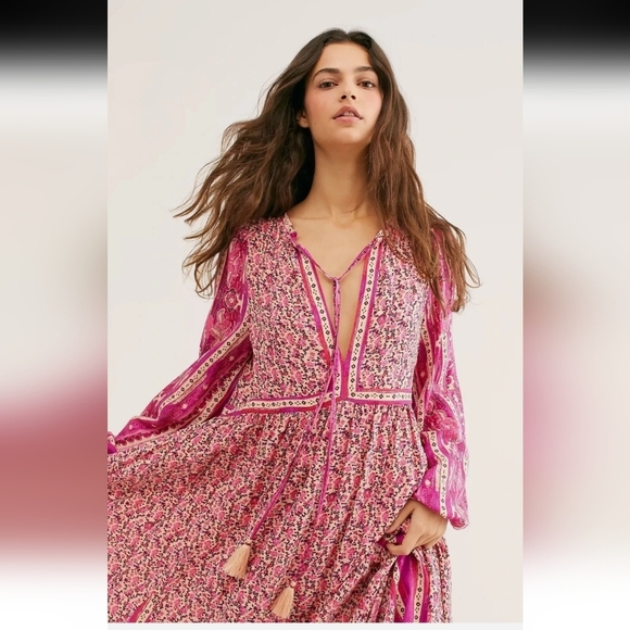 FREE PEOPLE Happy Feelings Midi/maxi Dress. Floral Pink/purple Multi. Size XS - Picture 3 of 16